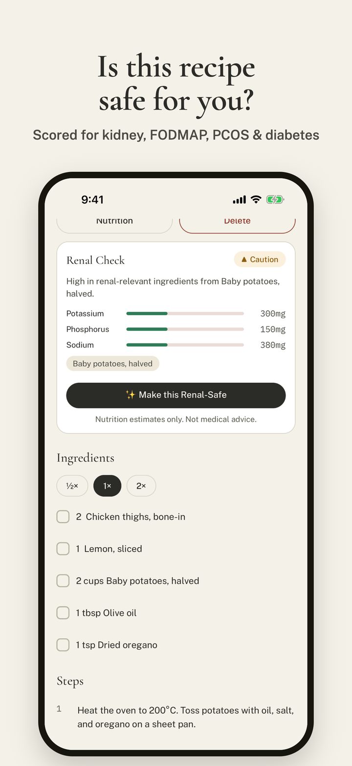 RecipeRx Health Check on a recipe: potassium, phosphorus and sodium scored against your limits