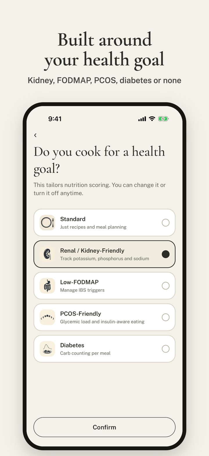 Choose Renal, Low-FODMAP, PCOS, Diabetes or no health mode